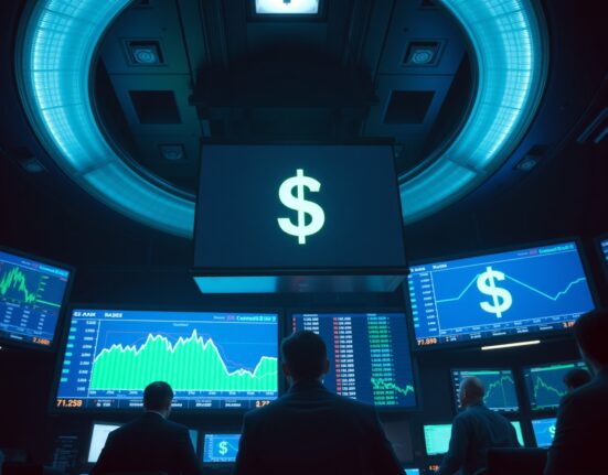 Foreign exchange trading floor with digital screens showing declining US dollar index charts after a US-Iran peace deal announcement.