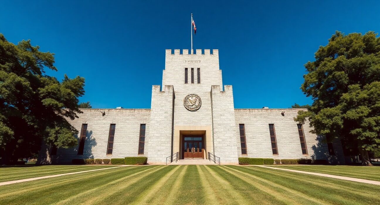 Exterior view of the Fort Knox Bullion Depository building under a clear blue sky.