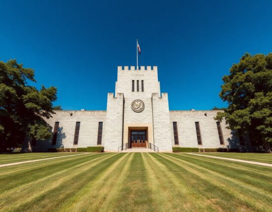 Exterior view of the Fort Knox Bullion Depository building under a clear blue sky.