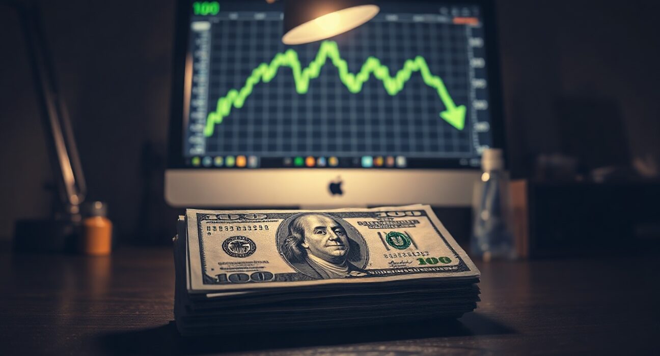 Stack of US dollar bills with a financial chart showing a downward trend in the background