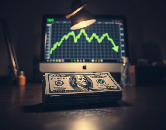 Stack of US dollar bills with a financial chart showing a downward trend in the background
