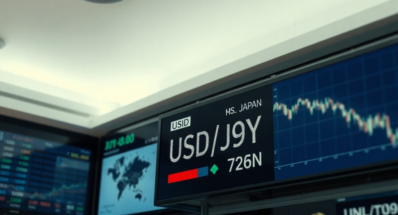 Digital trading screen showing fluctuating USD/JPY exchange rates on a financial trading floor