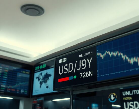 Digital trading screen showing fluctuating USD/JPY exchange rates on a financial trading floor