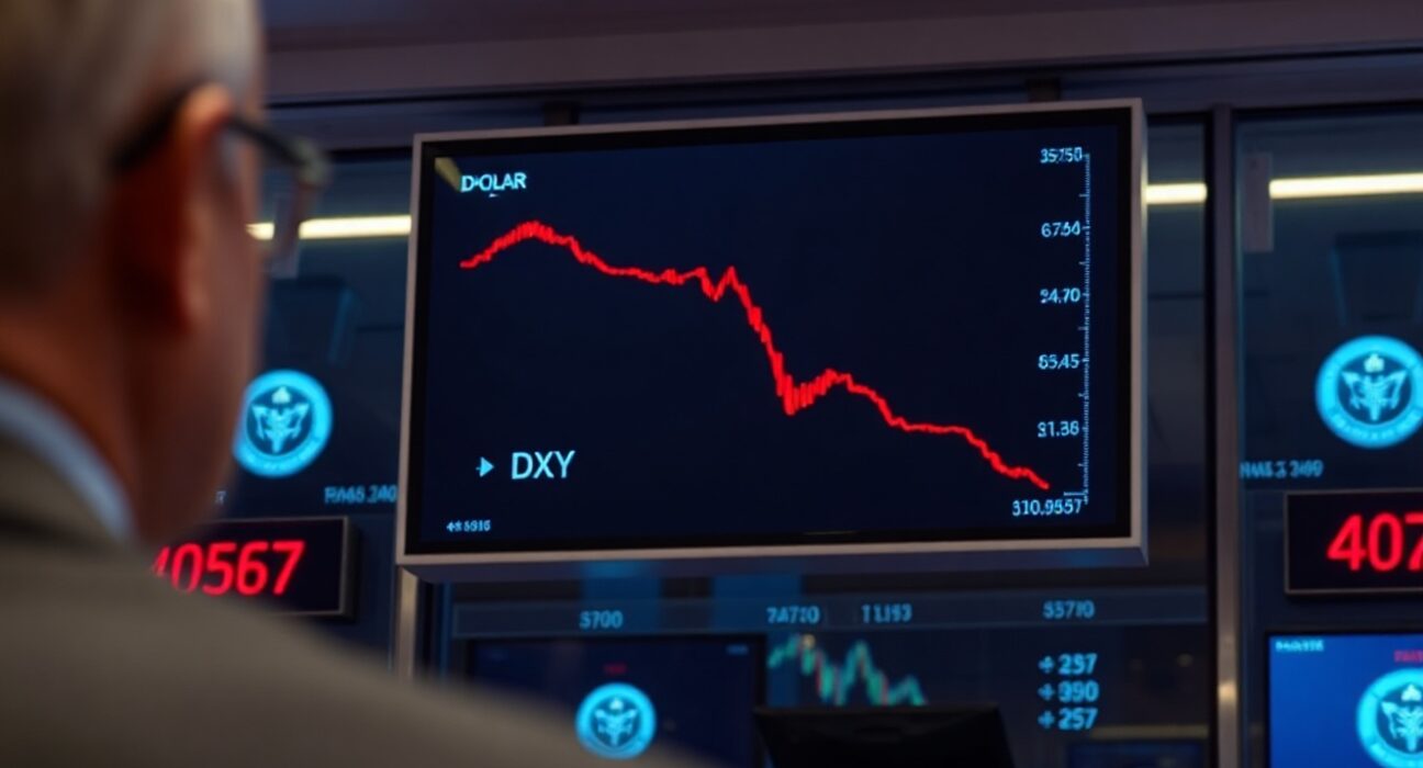 Digital trading screen showing US dollar index declining amid geopolitical and rate uncertainty