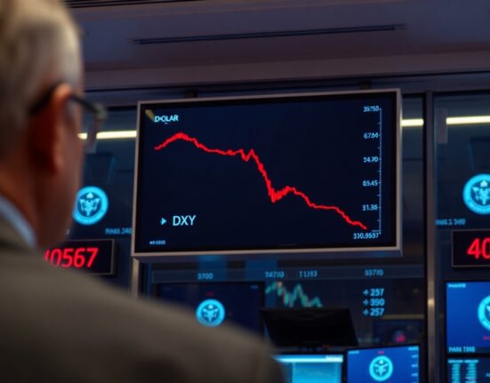 Digital trading screen showing US dollar index declining amid geopolitical and rate uncertainty