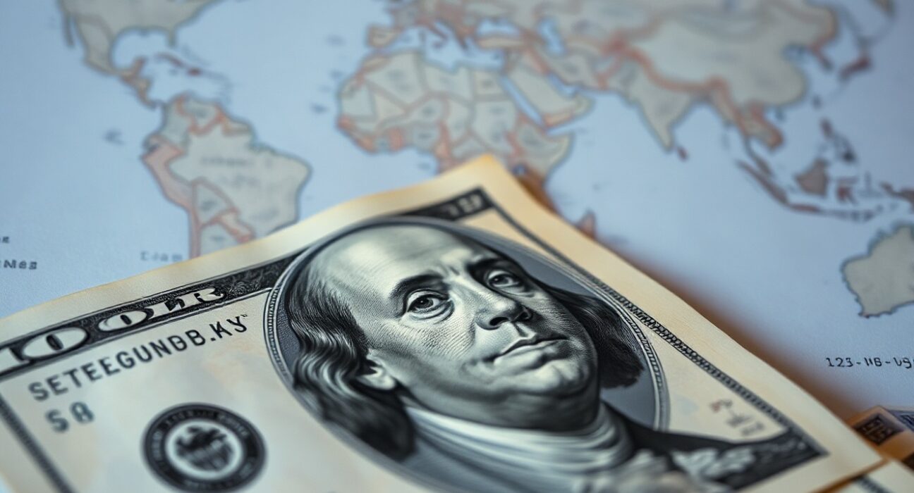 Close-up of US dollar bills with a blurred world map in the background, representing currency markets and geopolitical risk.