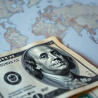 Close-up of US dollar bills with a blurred world map in the background, representing currency markets and geopolitical risk.