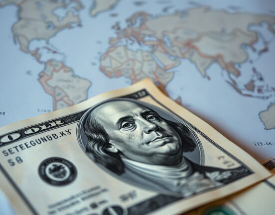 Close-up of US dollar bills with a blurred world map in the background, representing currency markets and geopolitical risk.