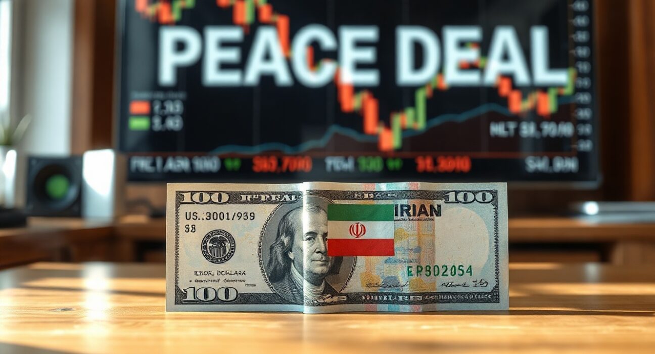 U.S. dollar and Iranian rial banknotes on a desk with a financial news screen in the background, symbolizing currency market reaction to a peace deal.