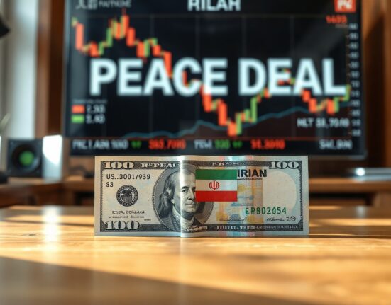 U.S. dollar and Iranian rial banknotes on a desk with a financial news screen in the background, symbolizing currency market reaction to a peace deal.