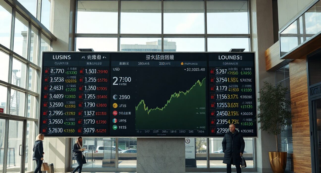 Currency exchange board showing US dollar and other major currencies in a financial district