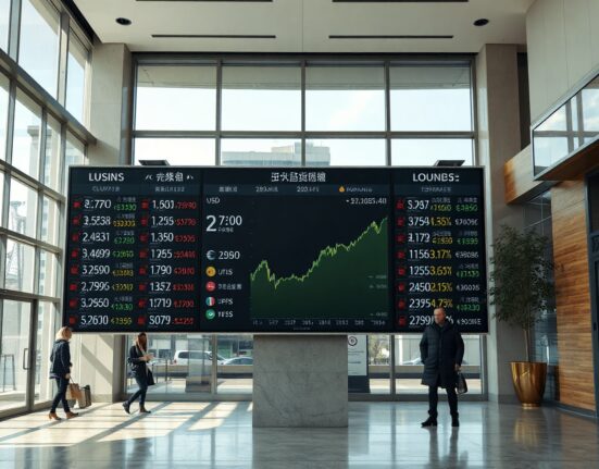 Currency exchange board showing US dollar and other major currencies in a financial district
