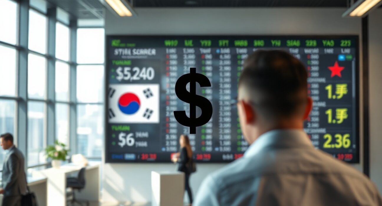 Currency exchange board showing US dollar and Asian currency symbols in a financial district