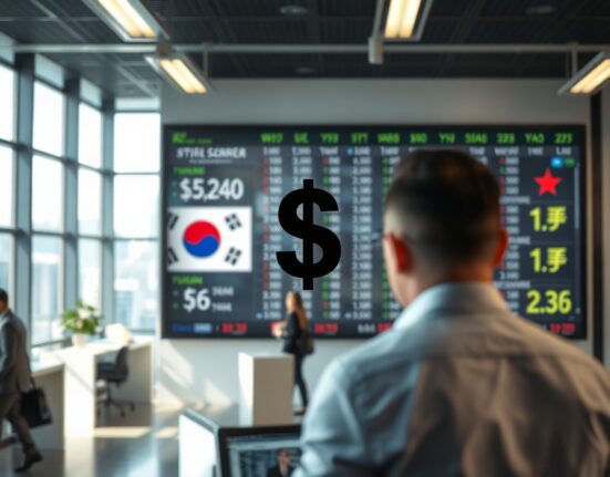 Currency exchange board showing US dollar and Asian currency symbols in a financial district