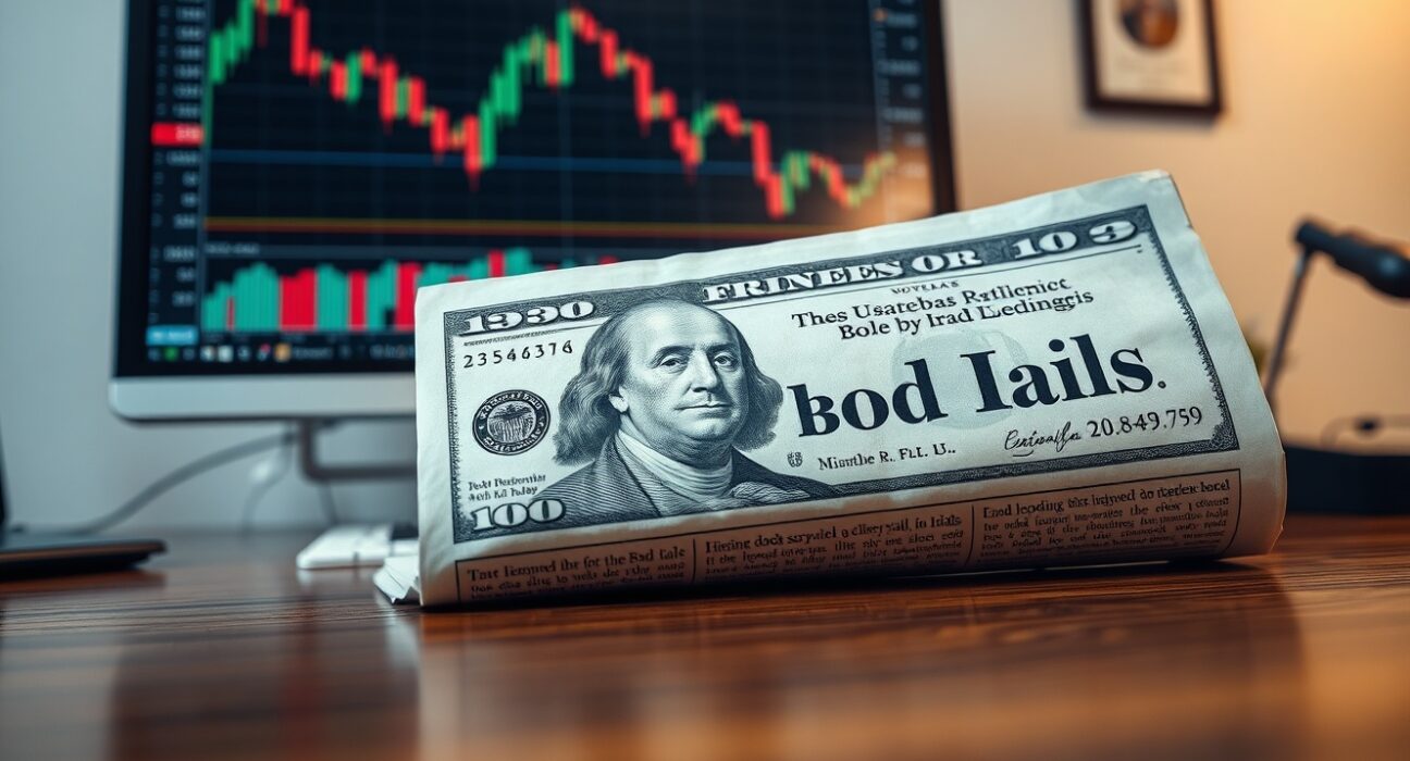 US dollar banknote and financial newspaper on a desk with a blurred stock chart background.