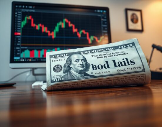 US dollar banknote and financial newspaper on a desk with a blurred stock chart background.