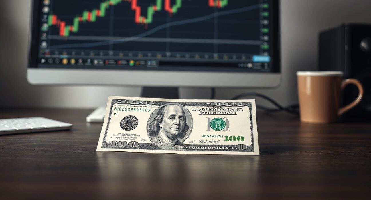 Close-up of a US dollar bill on a desk with a trading screen in the background