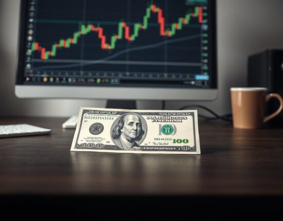 Close-up of a US dollar bill on a desk with a trading screen in the background
