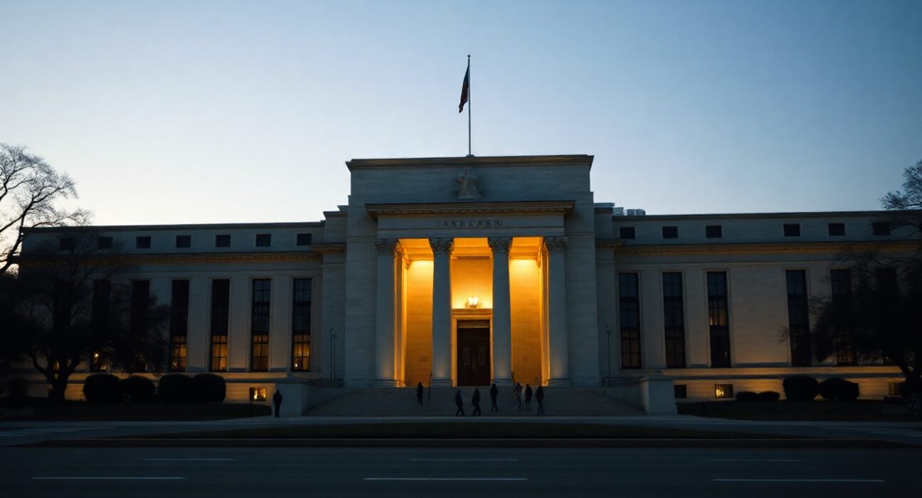 Federal Reserve building in Washington, D.C., at golden hour, symbolizing monetary policy decision anticipation.