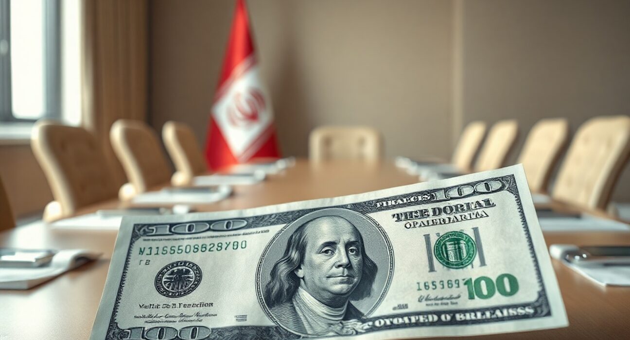 US dollar banknote in focus with blurred Iranian flag and negotiation room in background, representing currency market reaction to Iran peace proposal uncertainty.