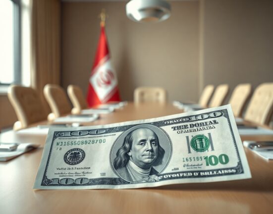 US dollar banknote in focus with blurred Iranian flag and negotiation room in background, representing currency market reaction to Iran peace proposal uncertainty.