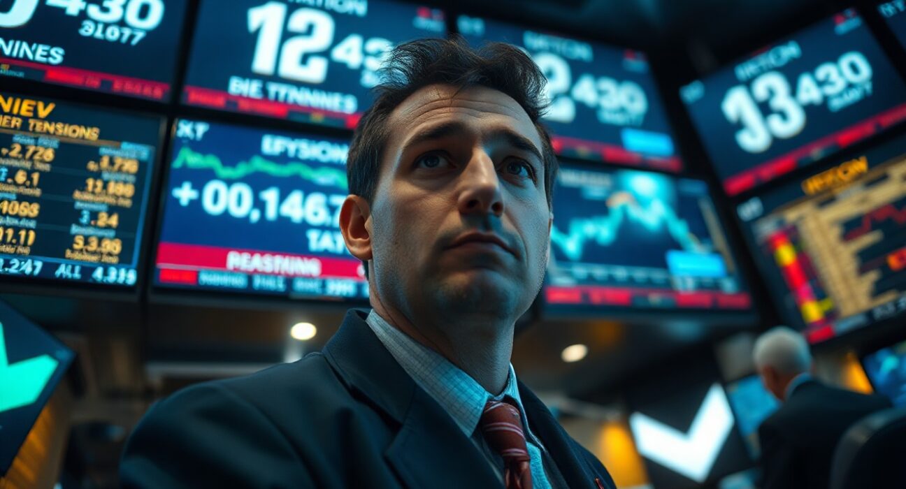 Financial trader monitors currency markets amid geopolitical tensions and economic data releases.