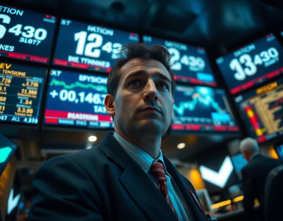 Financial trader monitors currency markets amid geopolitical tensions and economic data releases.