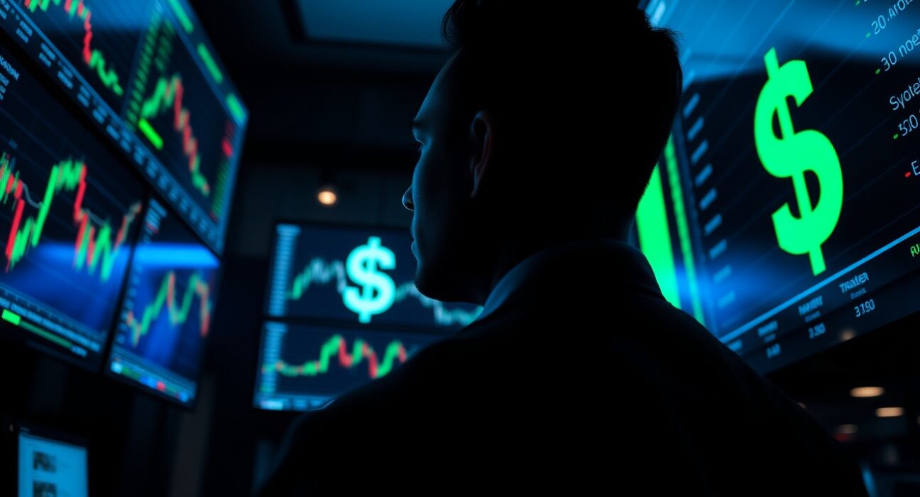 Trader monitoring dollar index and forex charts on multiple screens in a dimly lit trading floor.