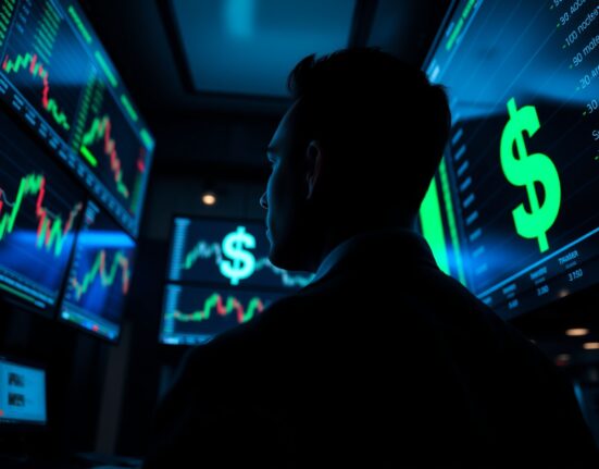 Trader monitoring dollar index and forex charts on multiple screens in a dimly lit trading floor.