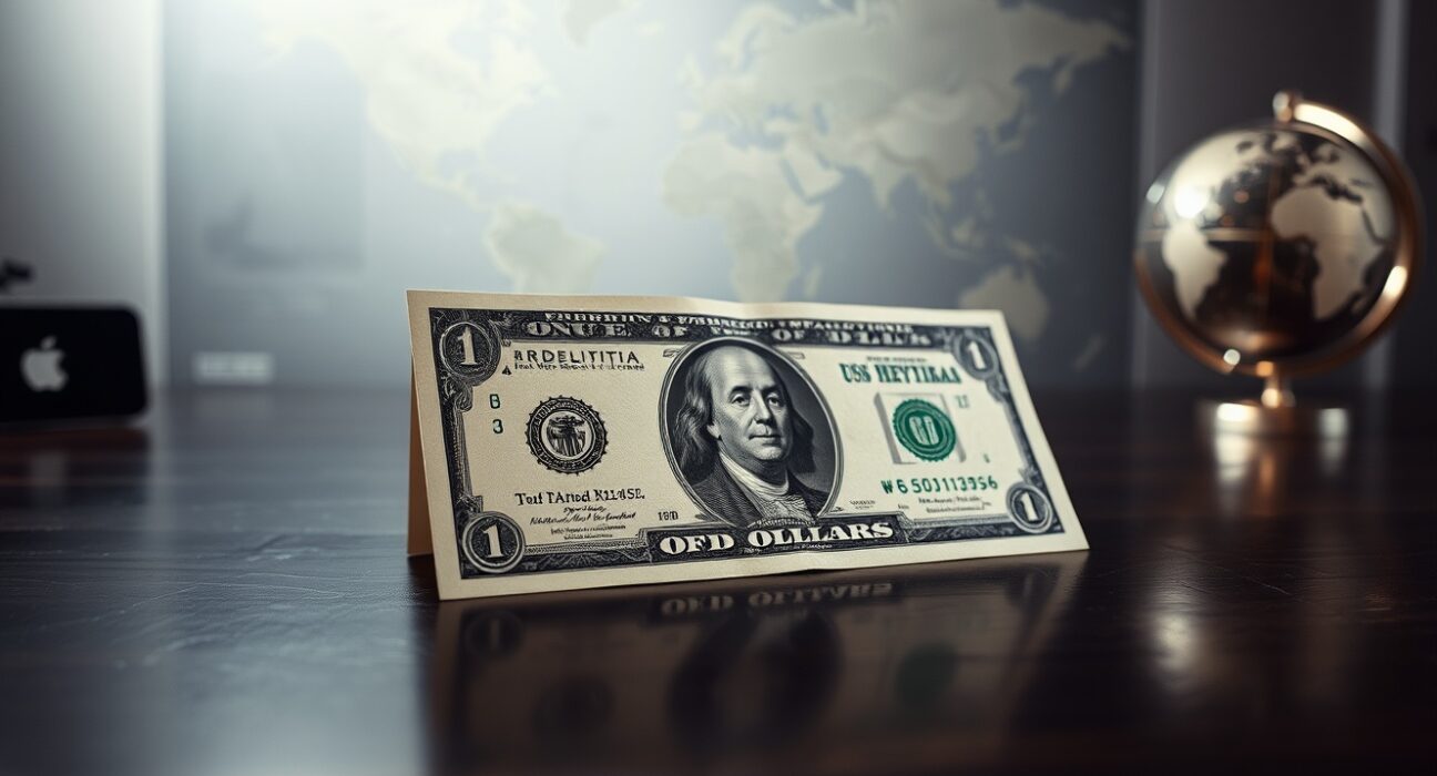 Close-up of a US dollar bill on a desk with a globe in the background, representing safe-haven demand amid geopolitical tensions.