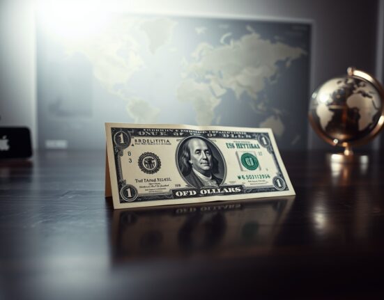 Close-up of a US dollar bill on a desk with a globe in the background, representing safe-haven demand amid geopolitical tensions.