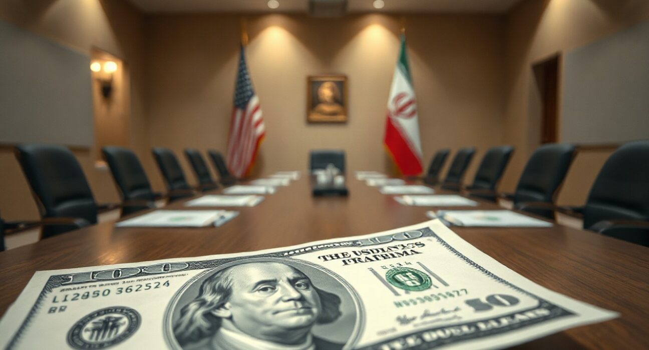 Close-up of US dollar bill with blurred background of American and Iranian flags in a meeting room.