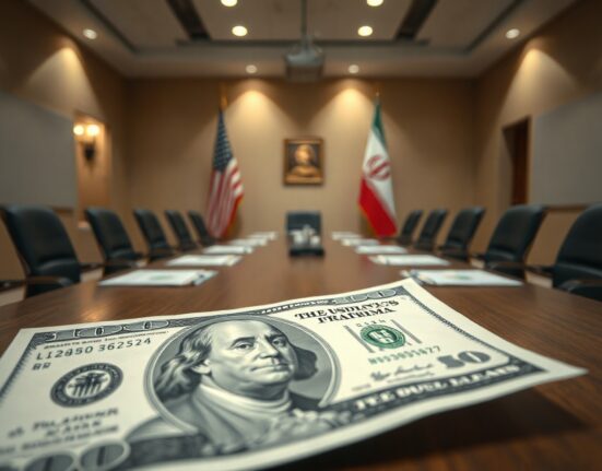 Close-up of US dollar bill with blurred background of American and Iranian flags in a meeting room.