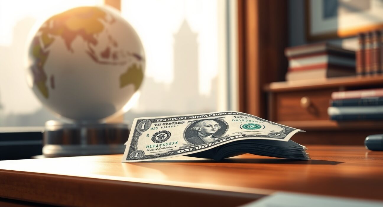 Dollar edges lower as U.S. dollar bills and Iranian rial banknotes sit on a table with a globe in the background, representing geopolitical impasse and central bank meetings.