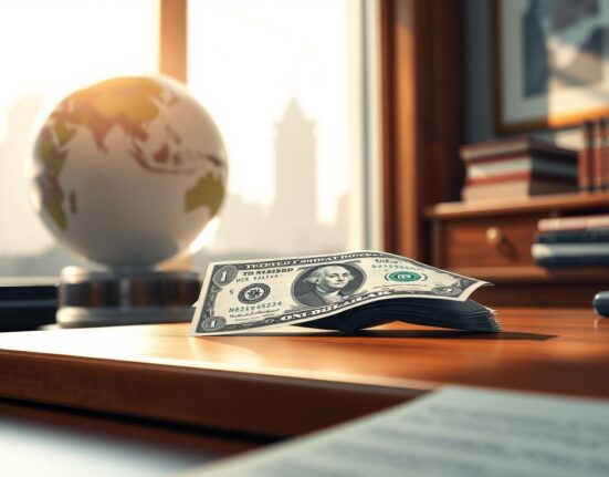 Dollar edges lower as U.S. dollar bills and Iranian rial banknotes sit on a table with a globe in the background, representing geopolitical impasse and central bank meetings.