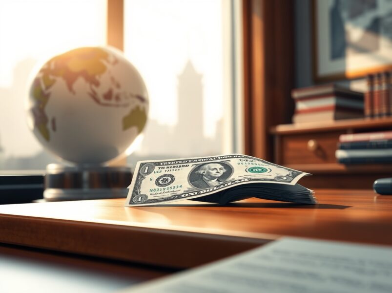 Dollar edges lower as U.S. dollar bills and Iranian rial banknotes sit on a table with a globe in the background, representing geopolitical impasse and central bank meetings.