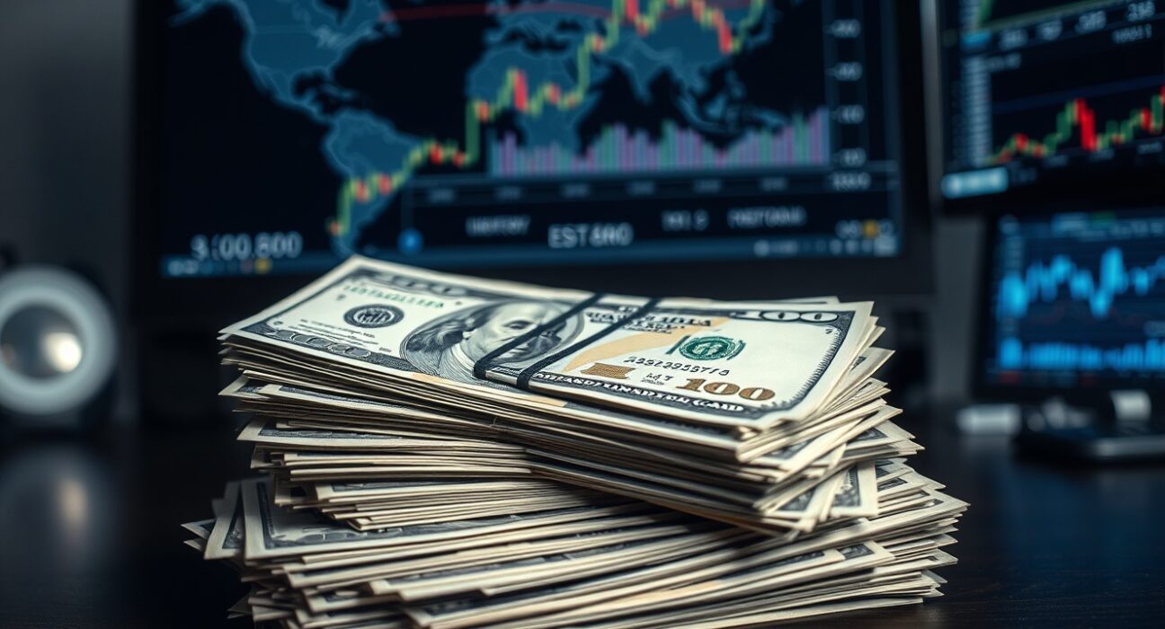 Stack of US dollar bills on desk with financial charts in background