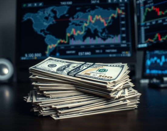Stack of US dollar bills on desk with financial charts in background