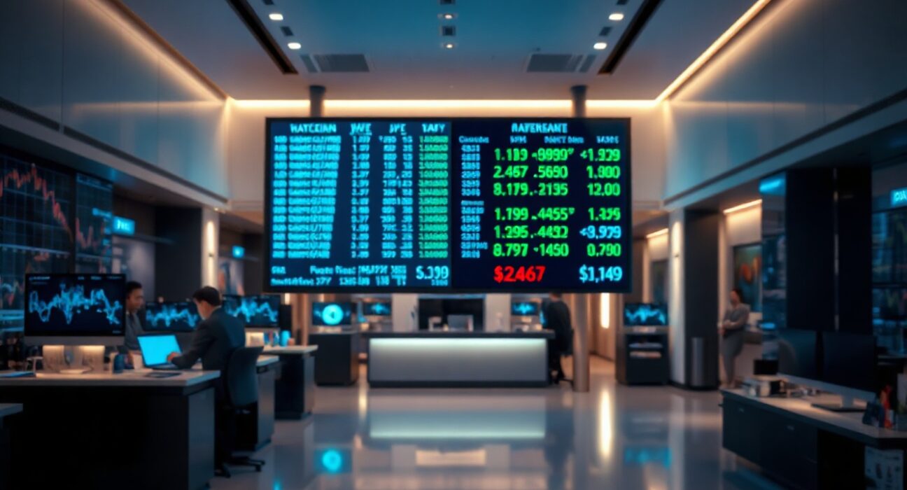 Currency exchange board showing USD, EUR, and JPY rates in a financial district