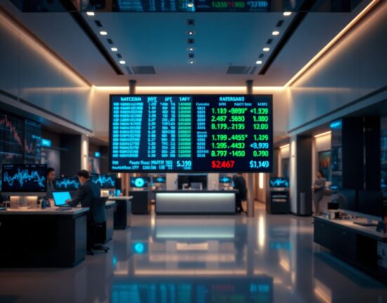 Currency exchange board showing USD, EUR, and JPY rates in a financial district