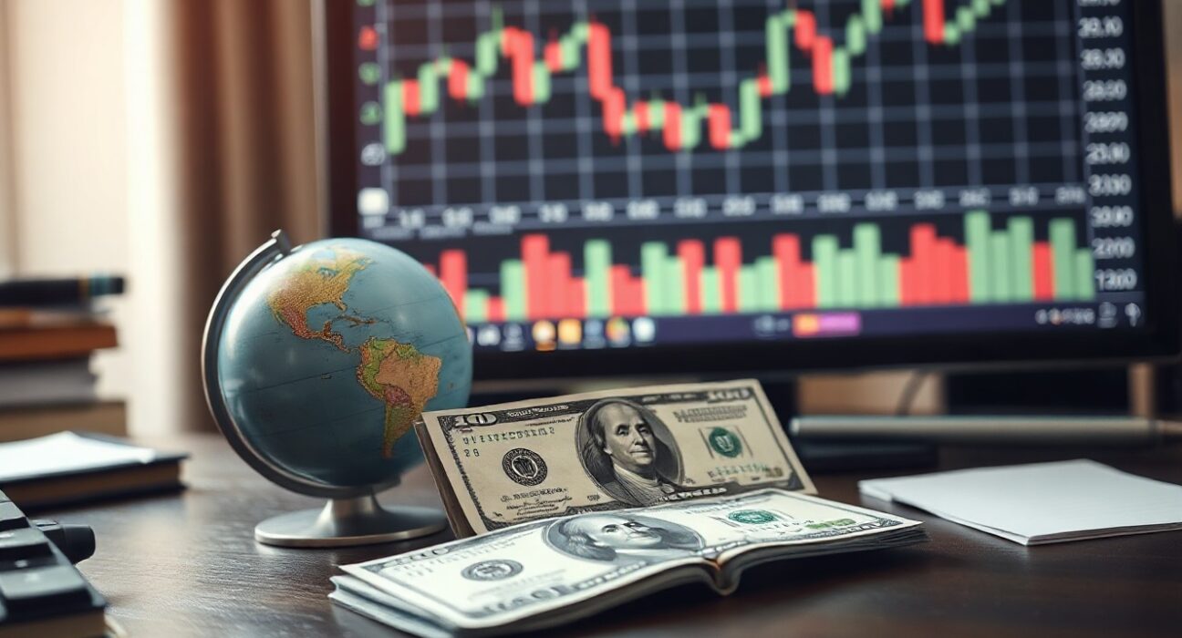 U.S. dollar banknote and globe on desk with financial charts in background