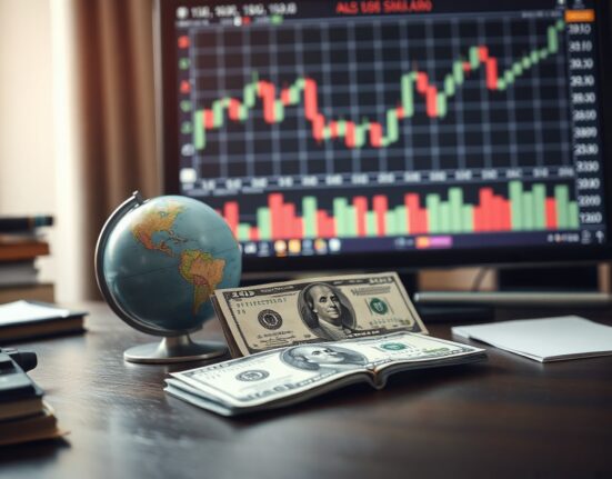 U.S. dollar banknote and globe on desk with financial charts in background