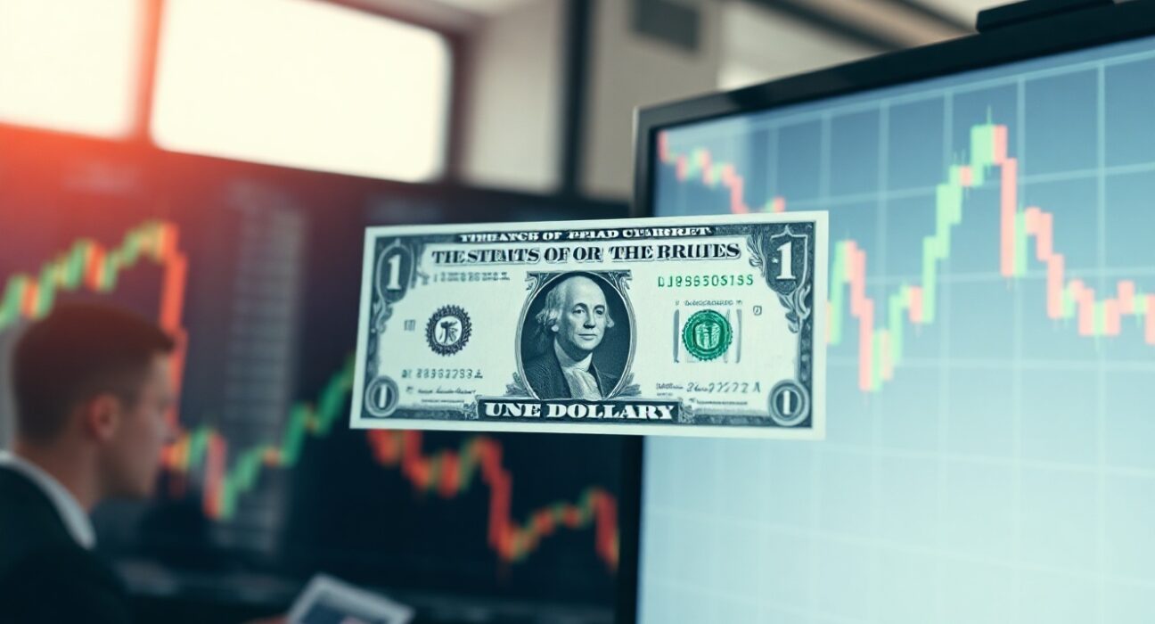 U.S. dollar bills and a financial chart showing a downward trend, reflecting currency market movements.