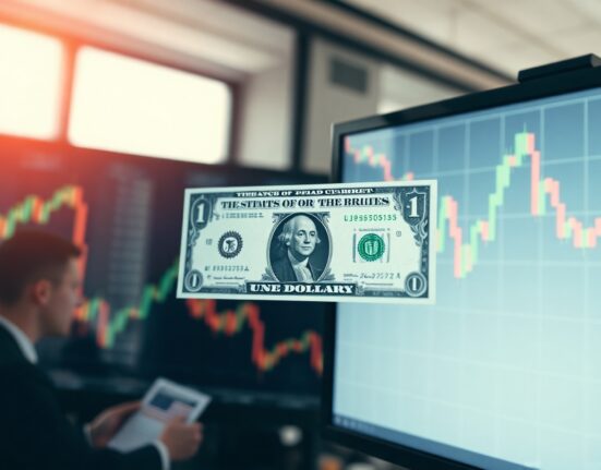 U.S. dollar bills and a financial chart showing a downward trend, reflecting currency market movements.