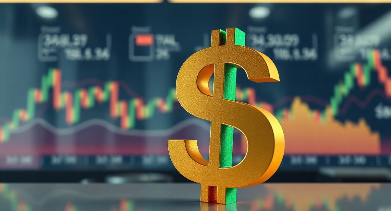 US dollar symbol with financial charts in background, representing Fed policy and currency markets.