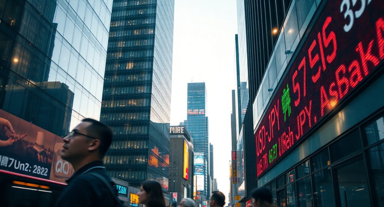 Electronic currency board showing USD/JPY rates in a financial district at dawn