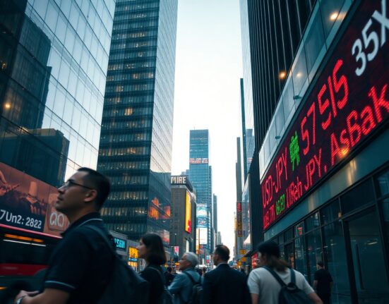 Electronic currency board showing USD/JPY rates in a financial district at dawn