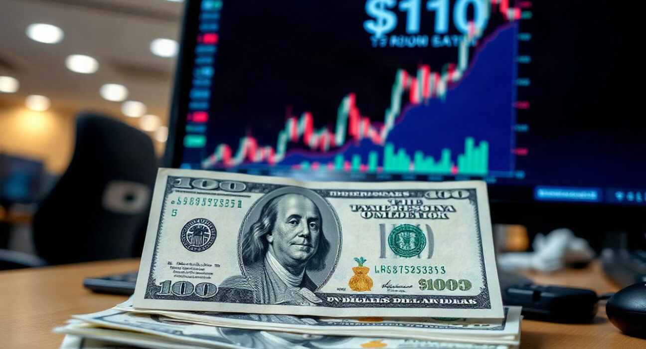 U.S. dollar banknotes and an upward forex chart on a trading screen, reflecting hawkish Fed sentiment.