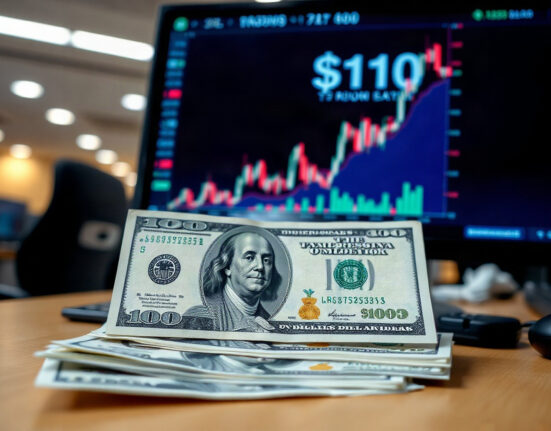 U.S. dollar banknotes and an upward forex chart on a trading screen, reflecting hawkish Fed sentiment.