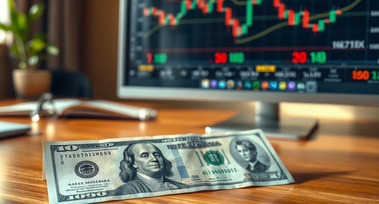 US dollar and Japanese yen banknotes on a desk with financial charts in background